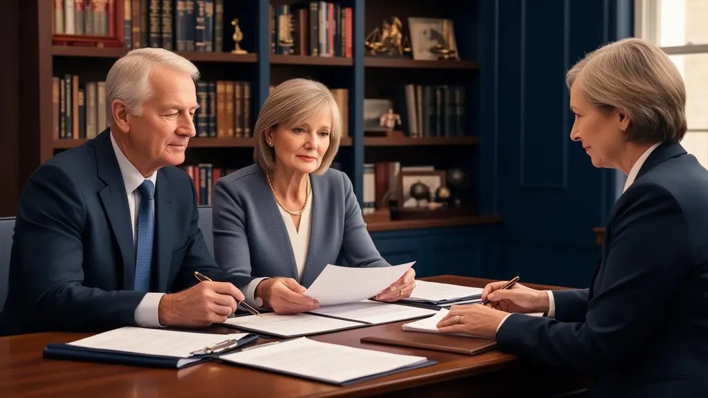 Family reviewing estate planning documents and living trust paperwork together at home